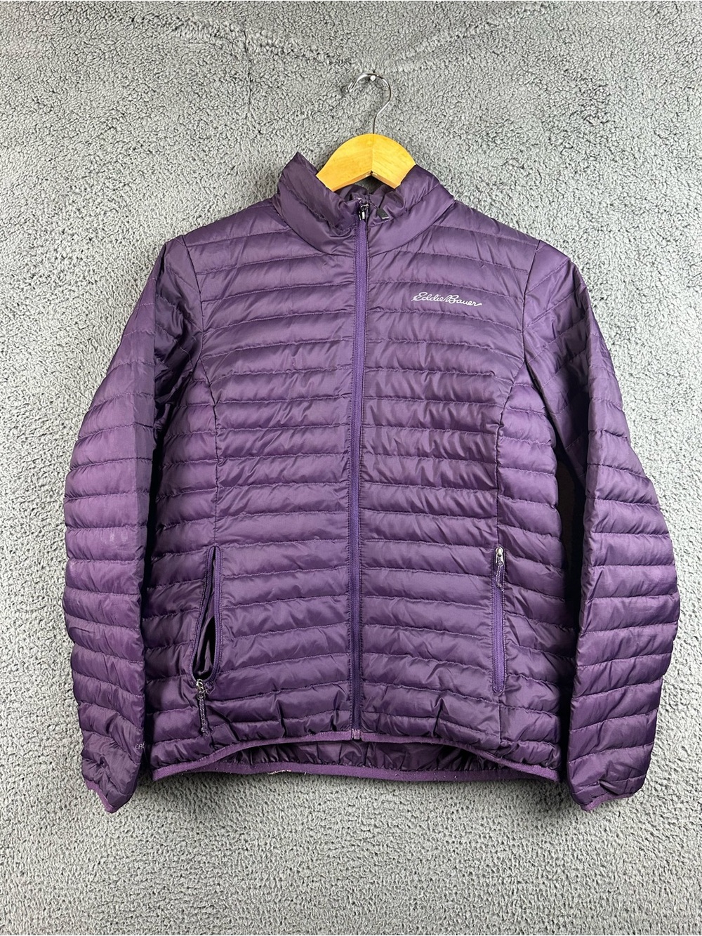 Eddie Bauer Womens Purple EB650 Down Puffer Jacket Small Full Zip Quilted Flaw